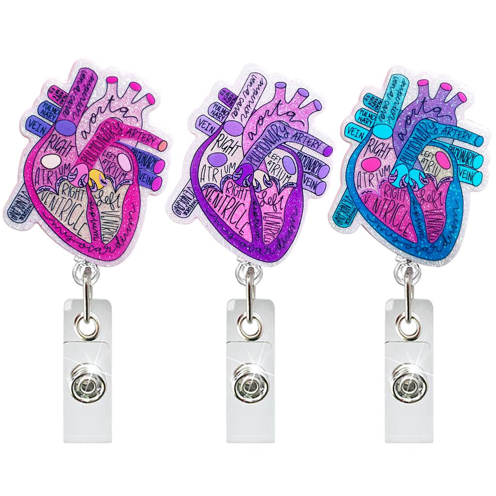 Heart Acrylic Glitter Elastic Clip Doctor Nurse Student Teacher Badge Holder Retractable Badge Reel