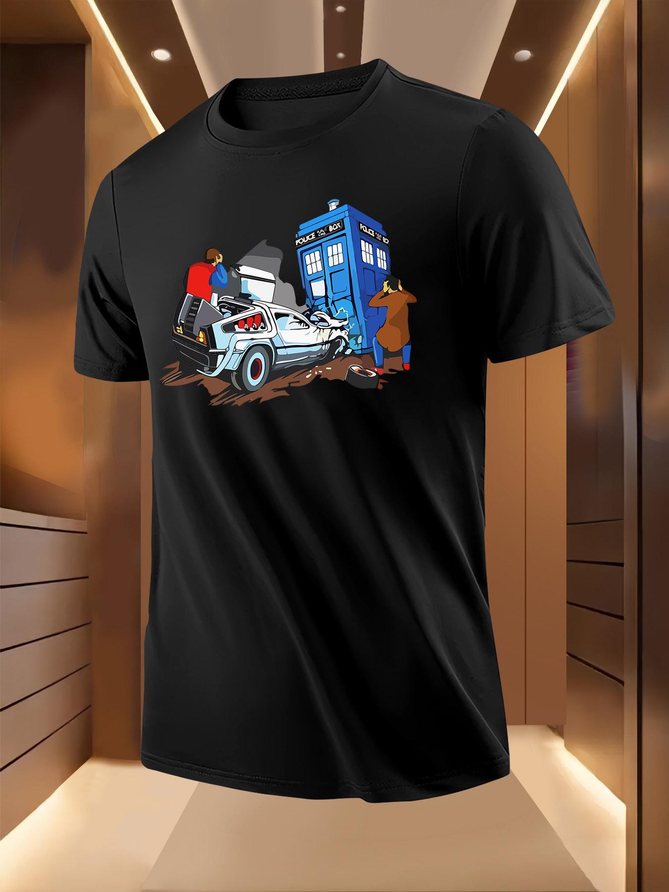 Summer Tshirt with Whimsical Time Machine Police Box Print S