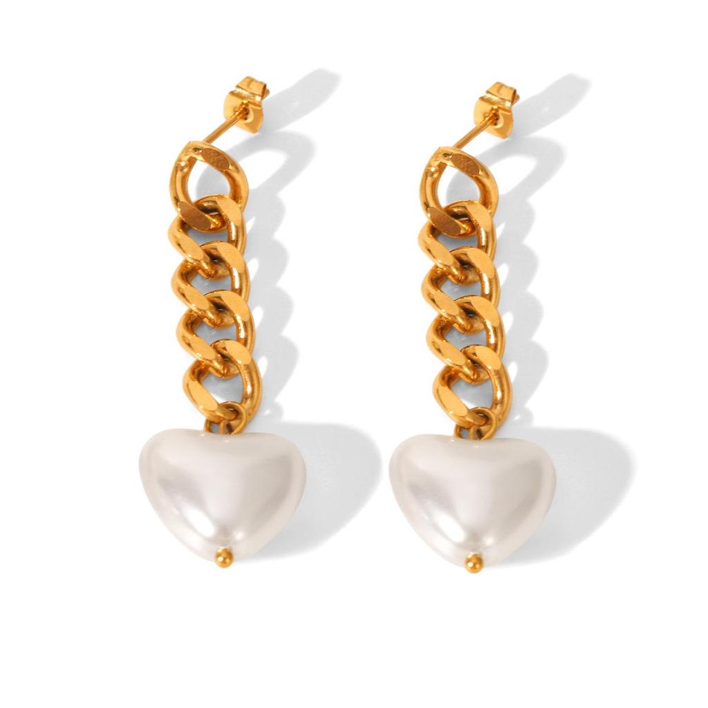 European & American INS Style 18K Gold Heart-Shaped Titanium Steel & Pearl Drop Earrings - Elegant, High-End Love Heart Design.