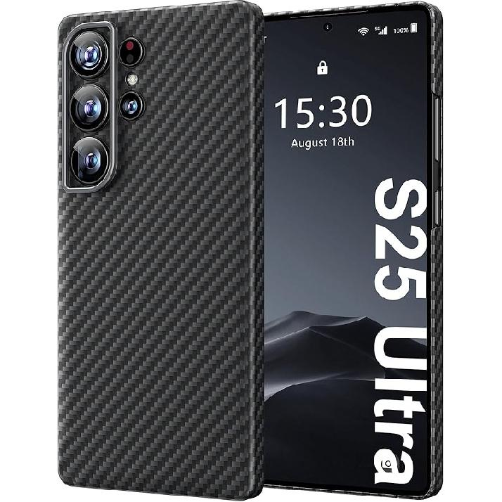 

memumi Настоящее арамидное волокно для чехла Samsung Galaxy S25 Ultra, [Ощущение без чехла] Прочное и надежное арамидное волокно с тонким чехлом 0,5 мм для Samsung S25 Ultra Grey Black