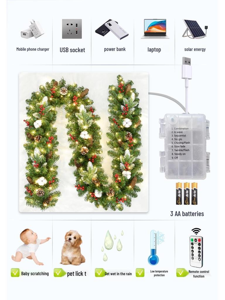 Christmas Glimmer: Garland Set for Tree, Window, and Fireplace with Flocked Leaf Ornaments