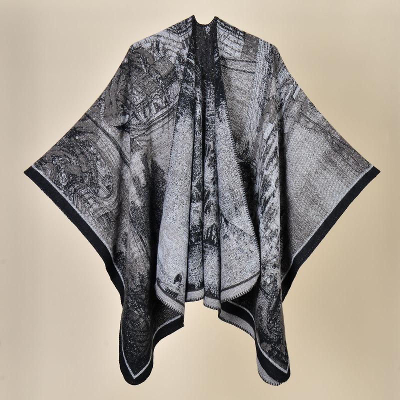 

Jiangnan water town literary tourism shawl autumn and winter imitation cashmere knitted scarf split fork oil painting cloak cloak outside 135*160CM
