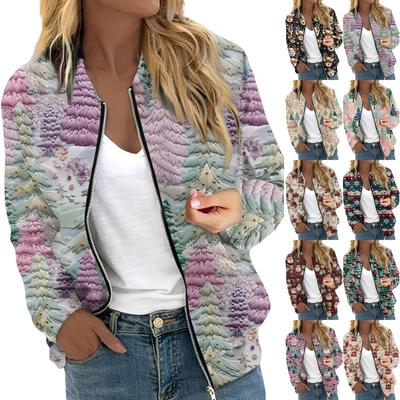 Jaqueta feminina manga comprida leve zíper cropped floral estampado casaco casual acolchoado com bolsos