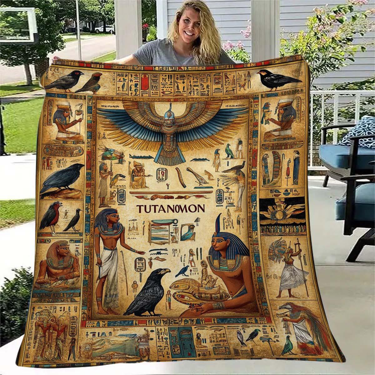 

1pc Ancient Egyptian Print Flannel Blanket Soft, Cozy All Season Throw with Vibrant Hieroglyphic Designs 75cmx90cm