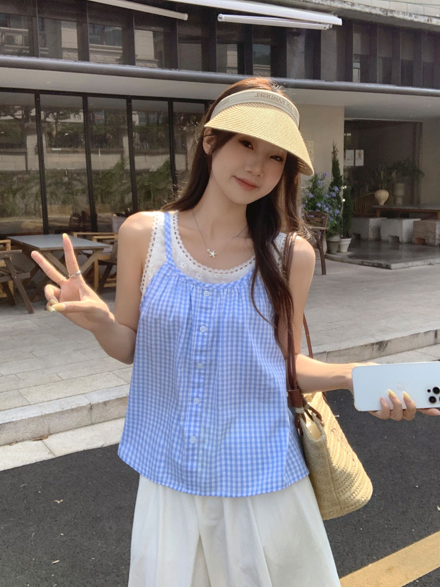 Korean blue fake two-piece splicing plaid design sense suspender vest women s summer new loose and thin small top S синий