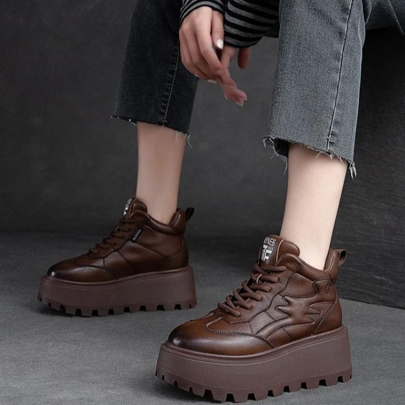 Lofers for Women 7cm Retro Genuine Leather Ankle Boots British Autumn Winter Plush Moccasins Rubber Soled Flats Shoes