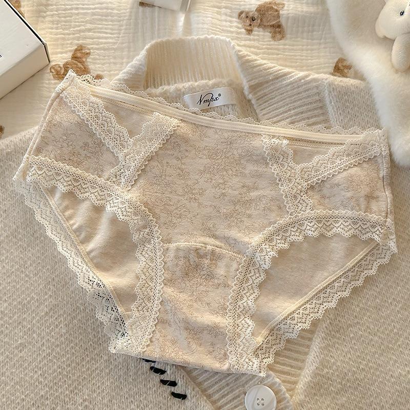 Women S Lace Trim Cotton Underwear Antibacterial Pure Cotton Mid Waist Ladies Panties