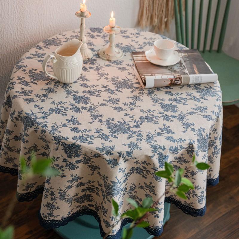 Cotton Linen Round Tablecloth 150cm Blue Rose Print Vintage Decorative Dining Table Cover
