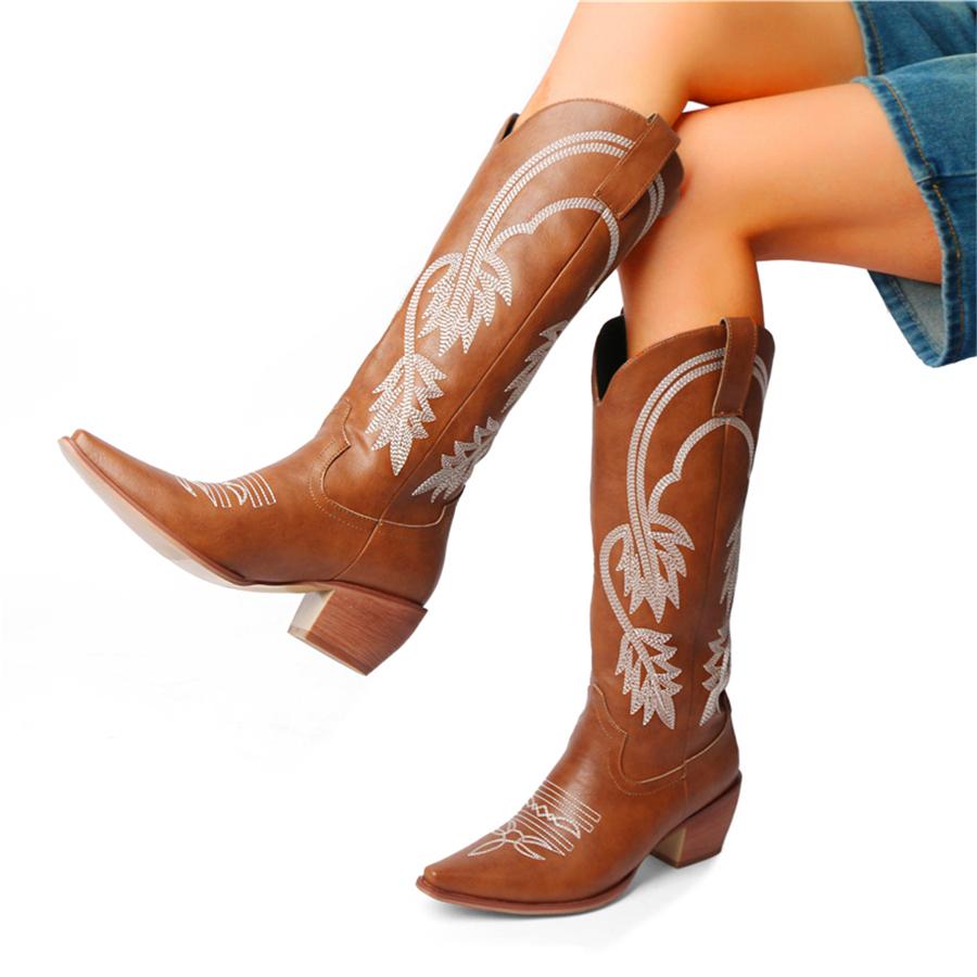 FOREADA Women Knee High Cowboy Long Boots Pointed Toe Chunky High Heels Embroidery Wester Gogo Boots Ladies Fashion Shoes Winter Red