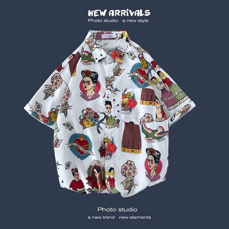 Letnia Koreańska Retro Kwiatowa Para Luźna Koszula z Krótkim Rękawem - Męski Modny Styl