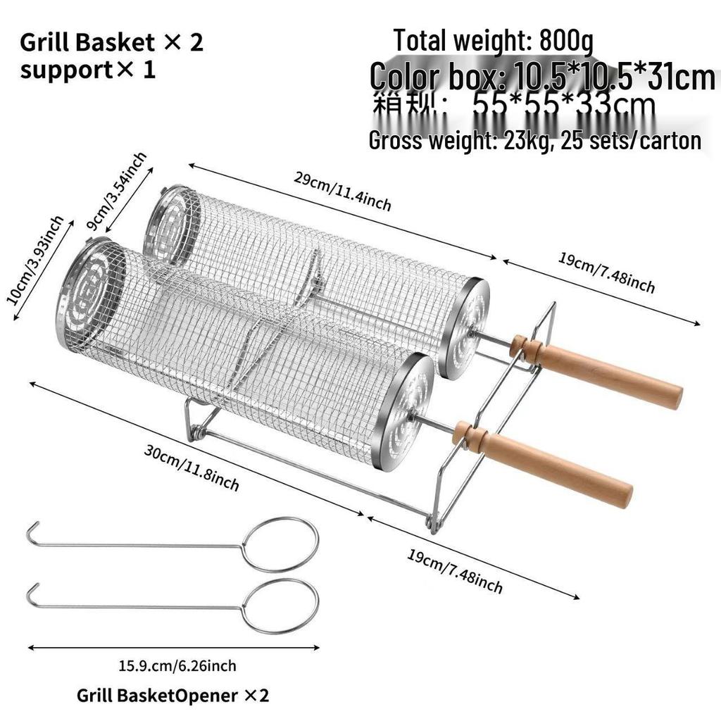 Stainless Steel Portable BBQ Rolling Grill Cage, Cylinder Smoker Net 304