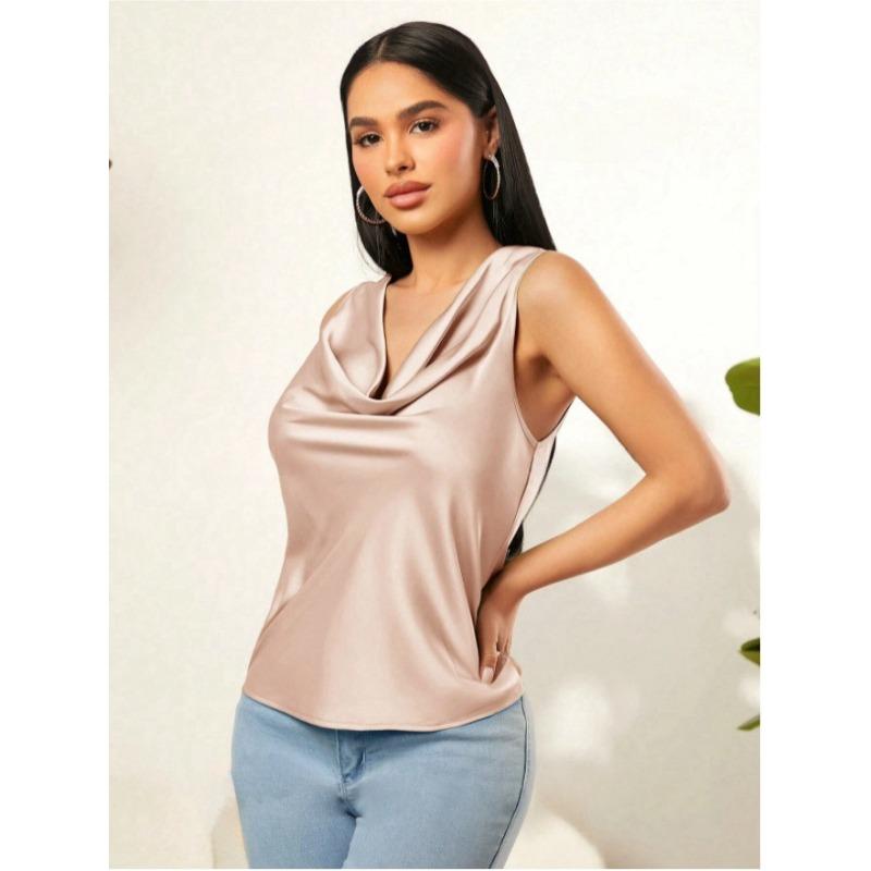 

Атласный воротник-стойка, однотонный жилет без рукавов, женские блузки и рубашки M шампанского