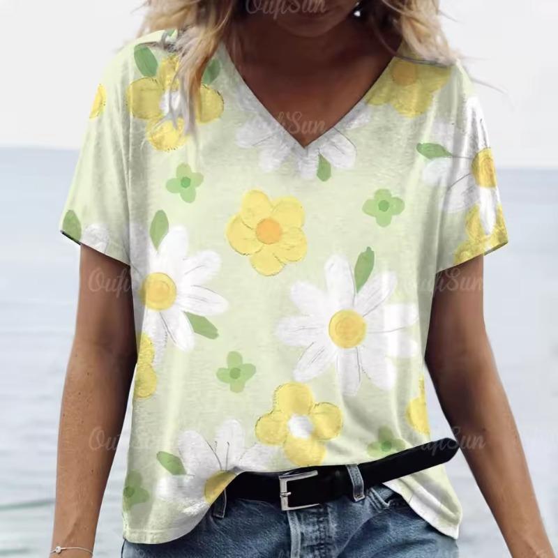 New Floral Print T-shirt for Women Summer V-Neck Casual Short Sleeve Tees Female Loose Streetwear Fashion Daily Clothing Tops Oversized Ladies Tops