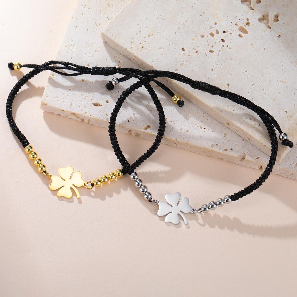Lucky Clover Charm Bracelet Red Black Adjustable Handmade Rope String Beads Stainless Steel Jewelry Gifts for Women Couple