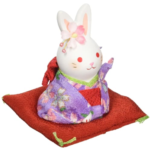 Yakushi Kiln Nishiki-sai Chirimen Flower Rabbit (Left Hand Raised, Small)