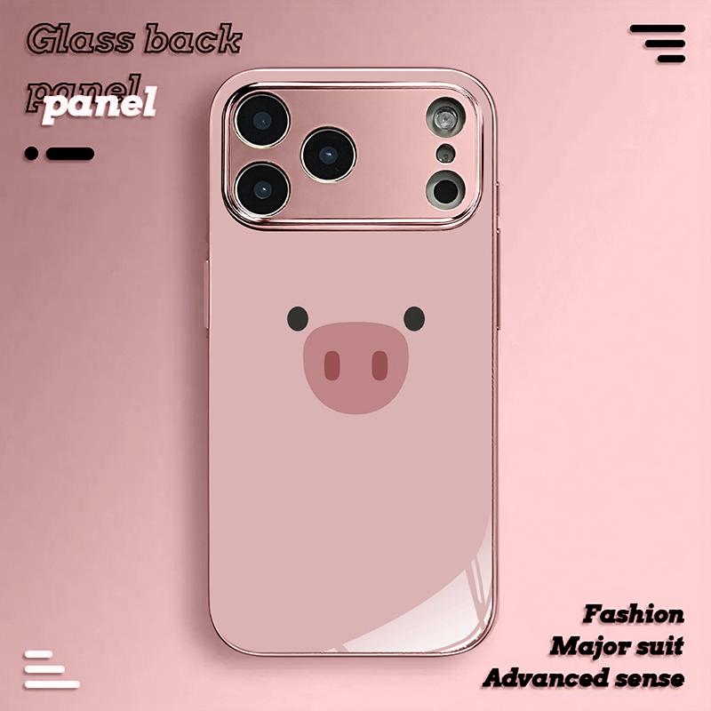 Cute Pink Pig Pattern Metallic Tempered Glass Phone Case For iPhone 17 16 15 14 13 12 11 Pro Max 15 Plus 17 Air 17E Cover