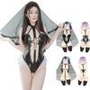 New Hot Erotic Sexy Women's Cute Nun Cosplay Costume Set Hollow Black Bra Panty Tempting Binding Rope