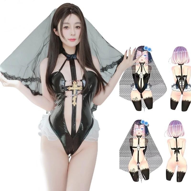 New Hot Erotic Sexy Women's Cute Nun Cosplay Costume Set Hollow Black Bra Panty Tempting Binding Rope
