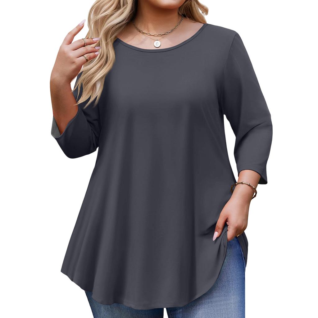 Women’s Plus Size 3/4 Sleeve Tunic Top Loose Fit Round Neck Casual Basic Blouse Soft Lightweight Fabric Comfortable Design