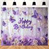 2D Purple Butterfly Happy Birthday Backdrop Banner with Roses & Flowers