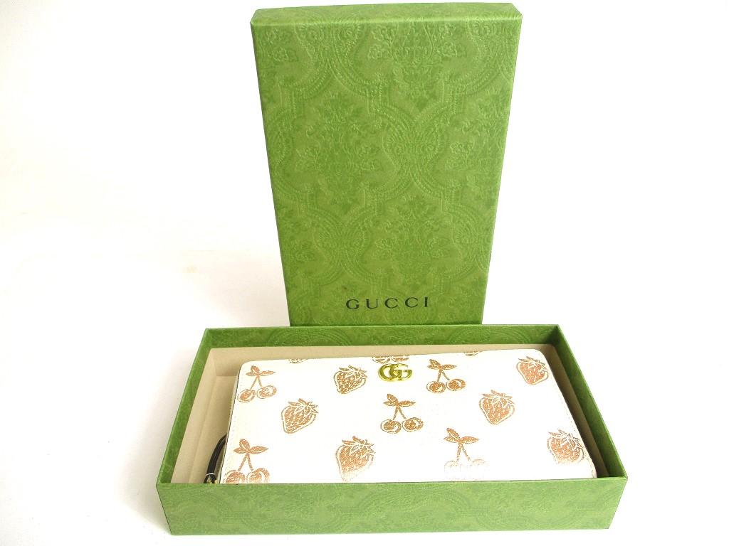 Authentic GUCCI Marmont GG Cherry Strawberry White Leather Round Zip Wallet #a441  Refurbished