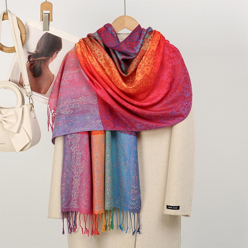 Macaron Couleur Arc-en-ciel Hiver Pashmina Châle Épais Jacquard Cachemire Foulard Femmes Voyage Coupe-vent Hijab Musulman Enveloppe Poncho à Franges 70X180cm red