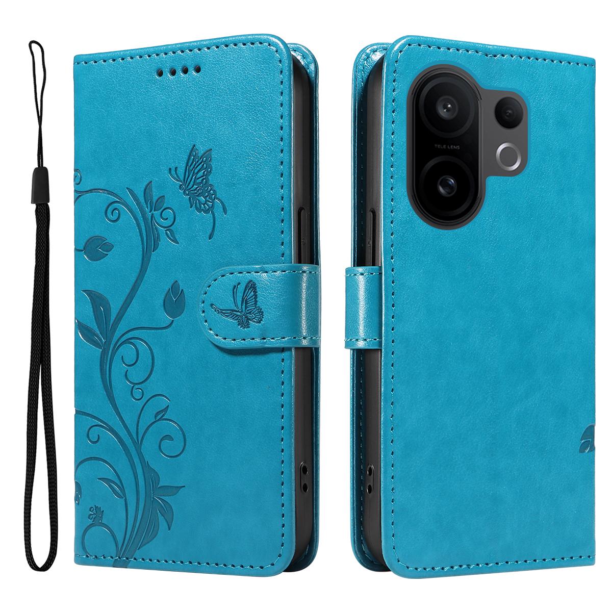 

For vivo X200 FE 5G/vivo S30 Pro mini 5G PU Leather Cases Flower Pattern Wallet Stand Phone Cover with Strap Blue