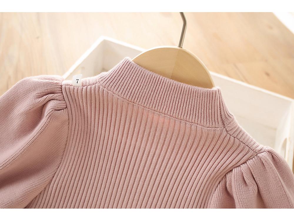 Rochie de iarnă tricotată cu fundă pentru fete, din lână, cu mâneci bufante - Stil coreean