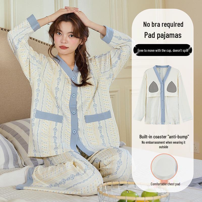 Women's Retro Print Cotton Pajama Set - V-Neck Cardigan, Loose Fit, Comfy Korean Style, Spring/Autumn.
