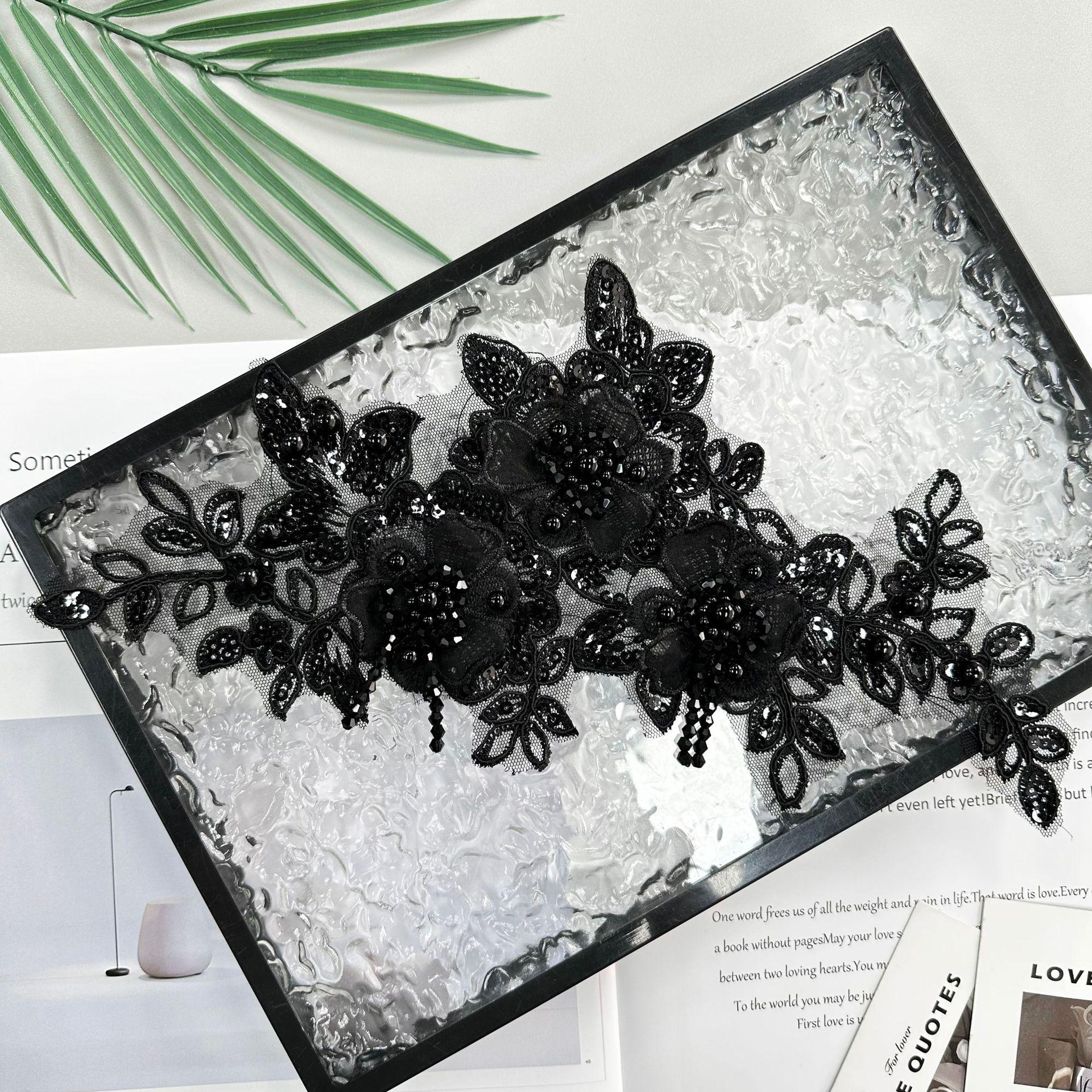 

Bead Crystal Fringe Applique Embroidery Flower Decoration Bag Dress Wedding Accessories Cloth Sticker Accessories H6135 black crystal beads