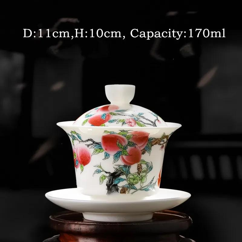 Tea Gaiwan Tea Cup White Jade Ceramic Teacup Peach Pattern Bowl Shaped Tureen Chinese Kung Fu Teaware Gift Drinkware