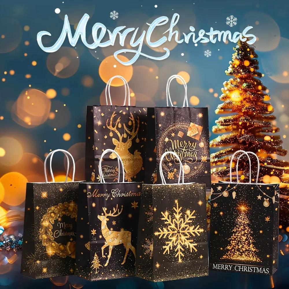 6/12Pcs Gold Black Kraft Gift Bags with Handle Elk Snowflake Christmas Tree Bronzing Paper Bag Merry Christmas Party Favors Bag