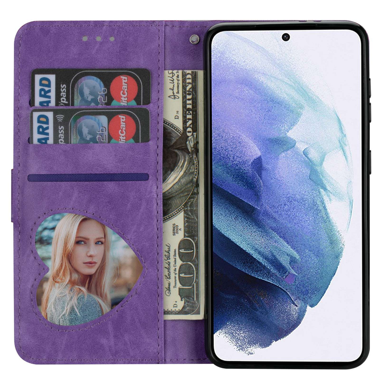 

For Samsung Galaxy S23 Zipper Pocket Glittery PU Leather Anti-drop Phone Case Flip Wallet Stand Full Protection Phone Cover Purple