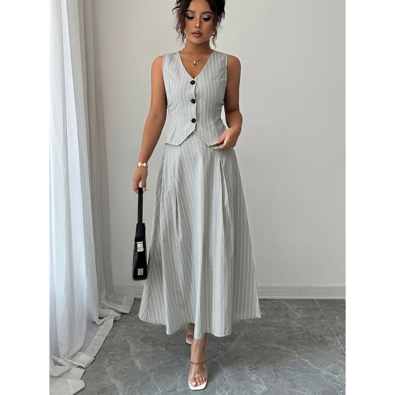 Tank Top and Skirt Set Western Style Elegant New Stripe Vest Vest Skirt Two-piece Set