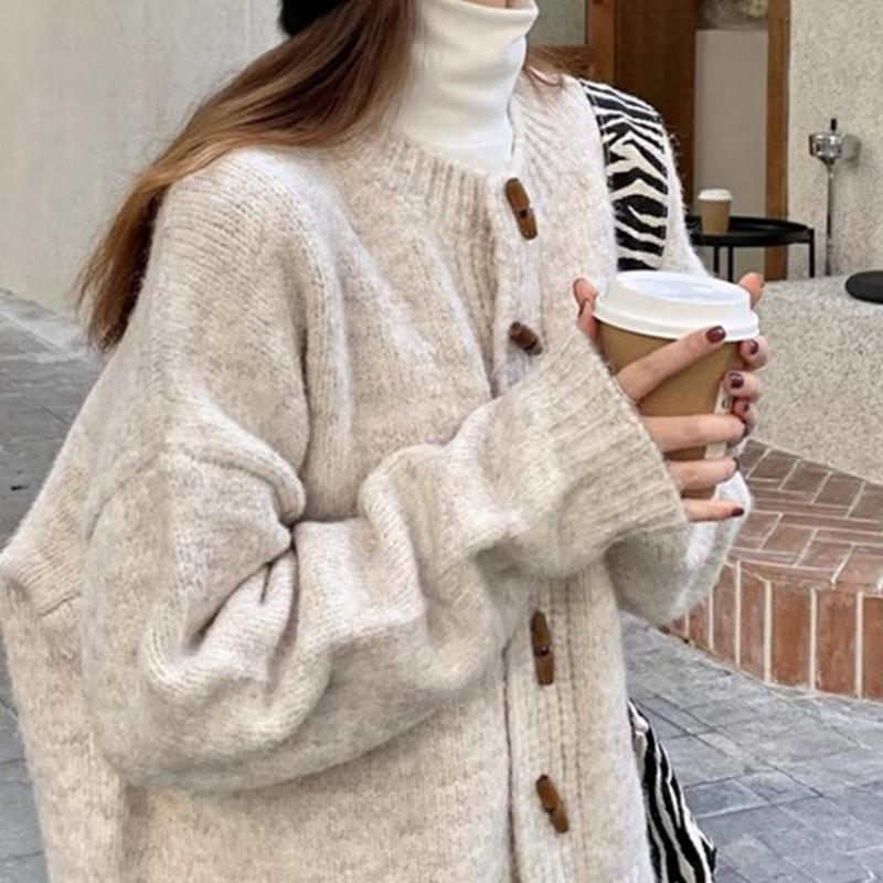 Retro Hornknopf Pullover Herbst Winter Mantel Koreanischer Stil Gestrickte Strickjacke Oberteil Neu Damen Herbstkleidung