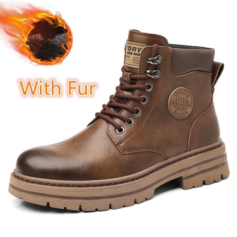 

New Arrival Men High Top shoes Outdoor Leather Ankle Boots Fashion Lace Up Motorcycle Boots Non-Slip man Winter Plush Snow botas 44