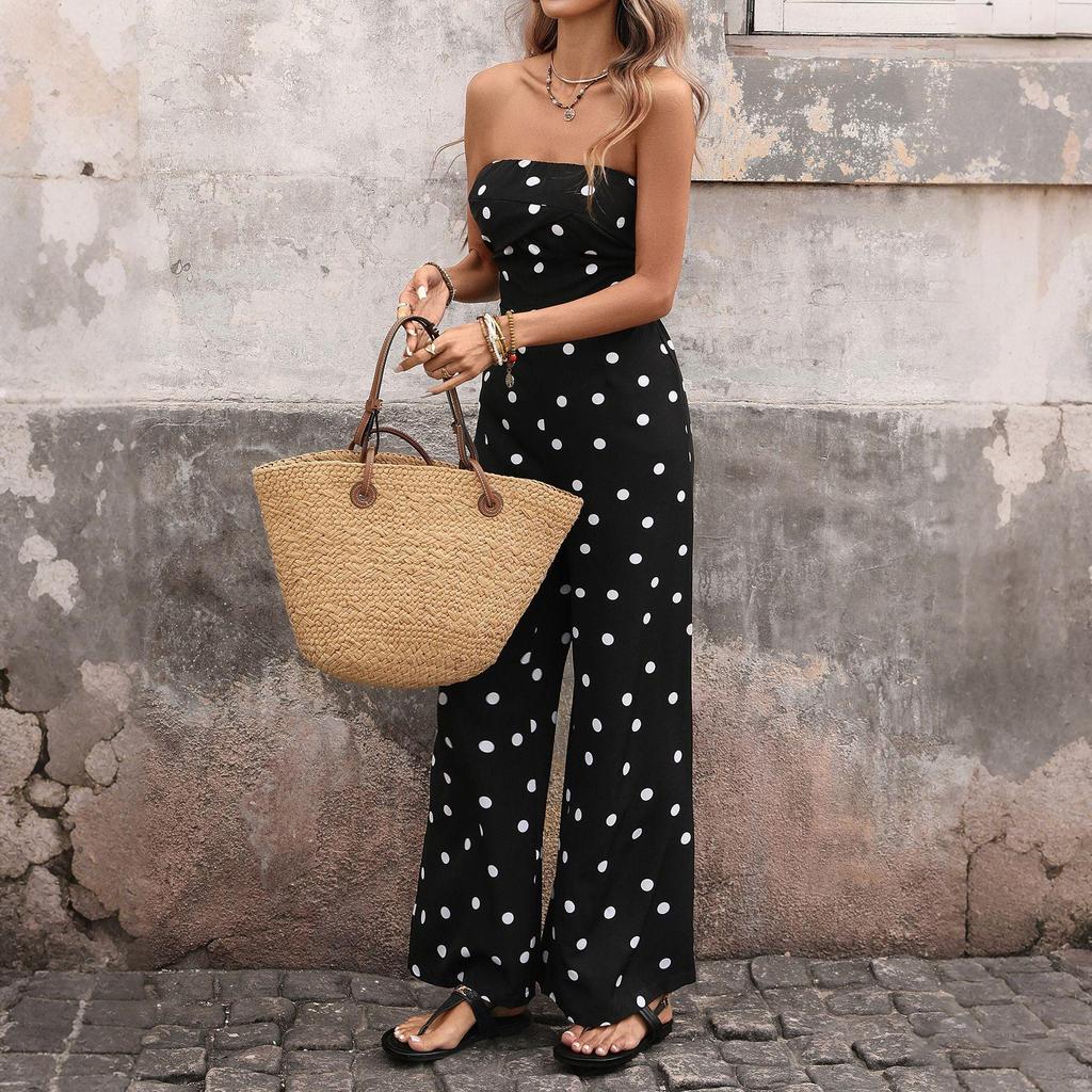 Womens Sexy Jumpsuits Polka Dot Tube Top Wide Leg Pants Vacation Jumpsuits Going Out