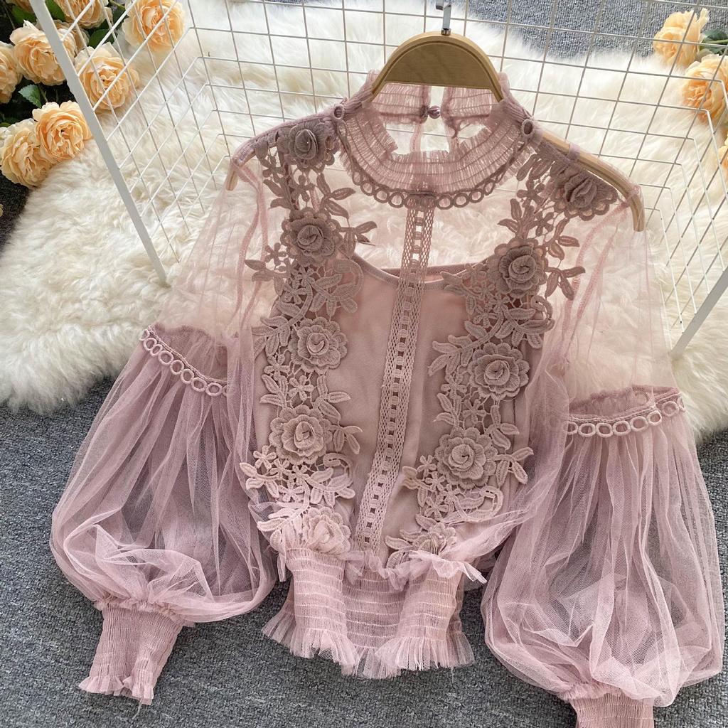 Niche 3D Flower Patchwork Mesh Lantern Sleeve Slim Fit Lace Top for Women