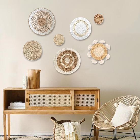 7/9Pcs/Set Boho Wall Basket Decoration Handmade Woven Round Flat Wall Hanging Decor Bohemian Decorative Rustic Rattan Seagrass Wicker Wall Art