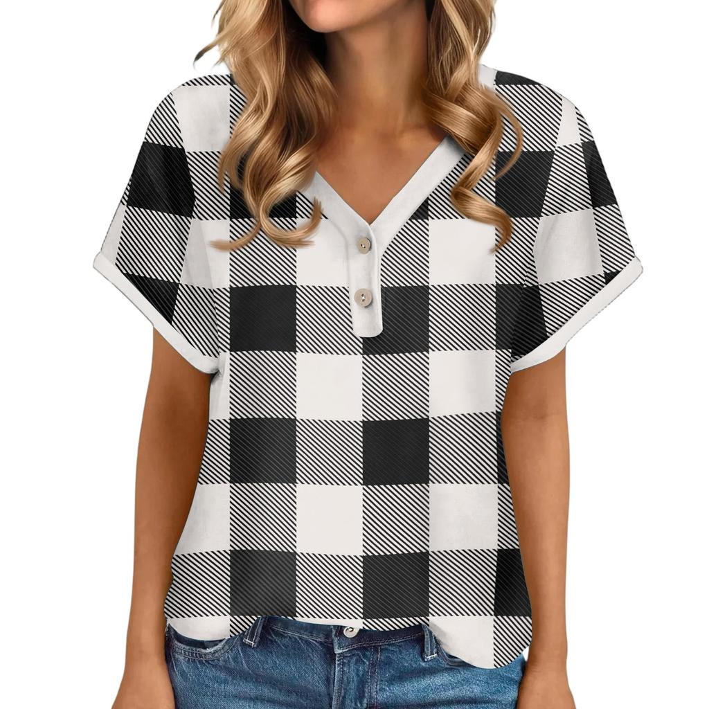 Women's Casual Fashion V-Neck Button Plaid Printed Short Sleeve Top
