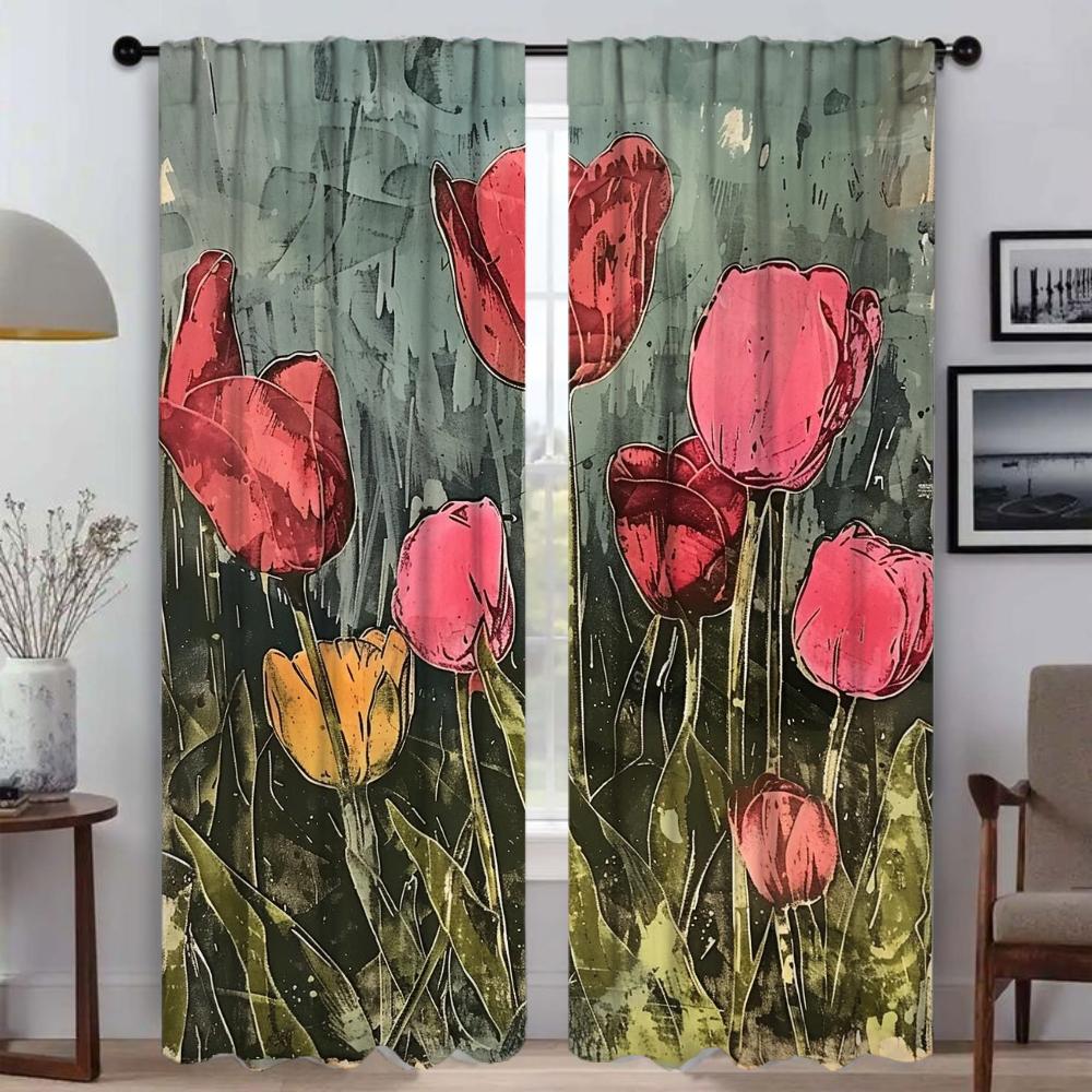 Roses and Pink Tulips Curtains for Living Room Curtain Tulle for Bedroom Shades Home Interior Curtains 2 Pieces Partition Camera