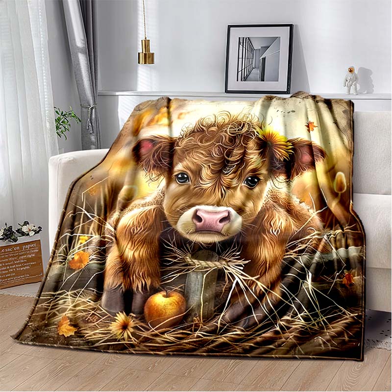 Cute Highland Cow in Purple Truck Print Flannel Blanket, Floral Farm Animal Throw Blanket