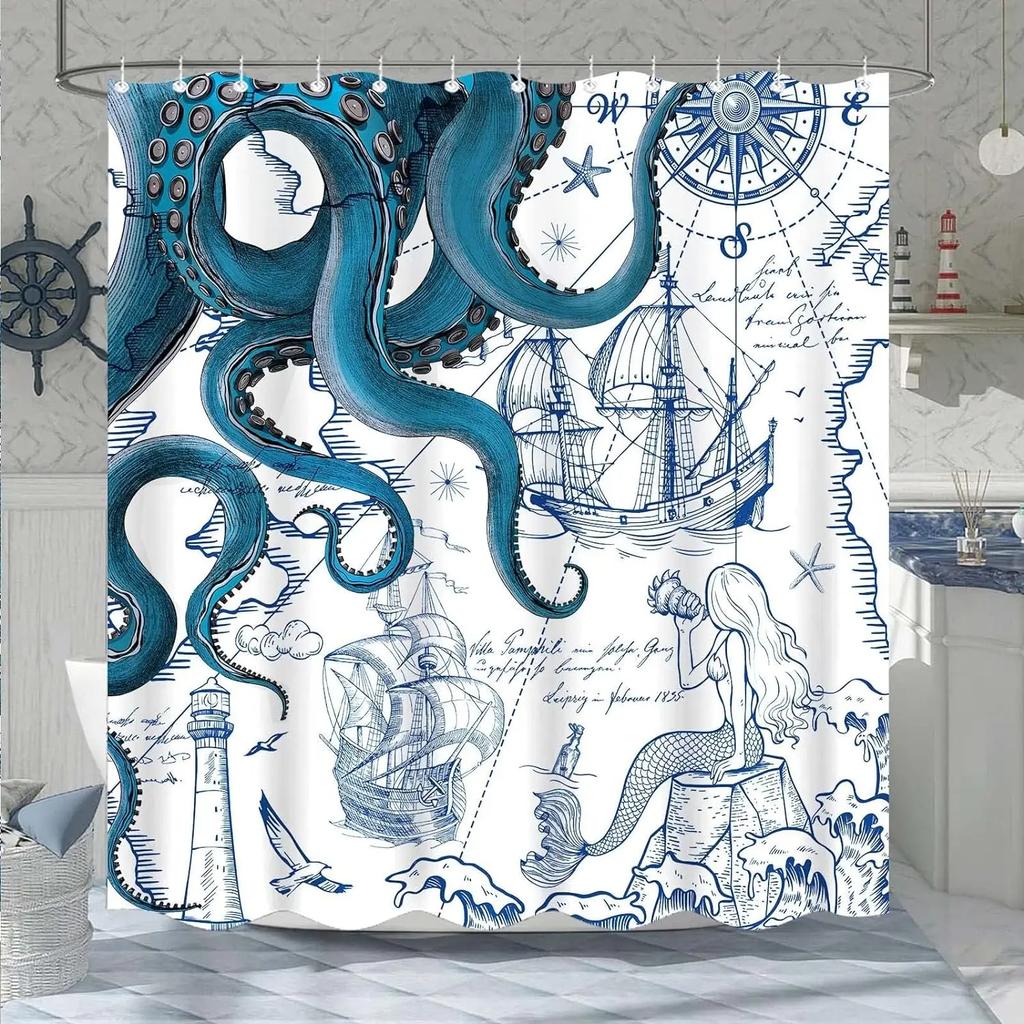 Vintage Nautical Octopus Shower Curtain Blue Mermaid Funny Ocean Kraken Anchor Coastal Map Polyester Fabric Bath Curtain Decor