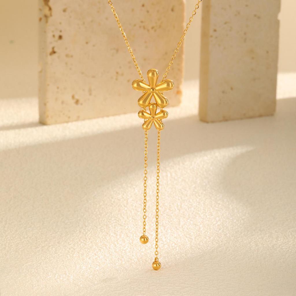 Stainless Steel Flat Cross Chain Double Flower Y-Shaped Gold Necklace Women'S Jewelry 2240
