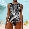 Women Plus Size High Round Neck Sleeveless One Piece Geometric Printed Swimsuit