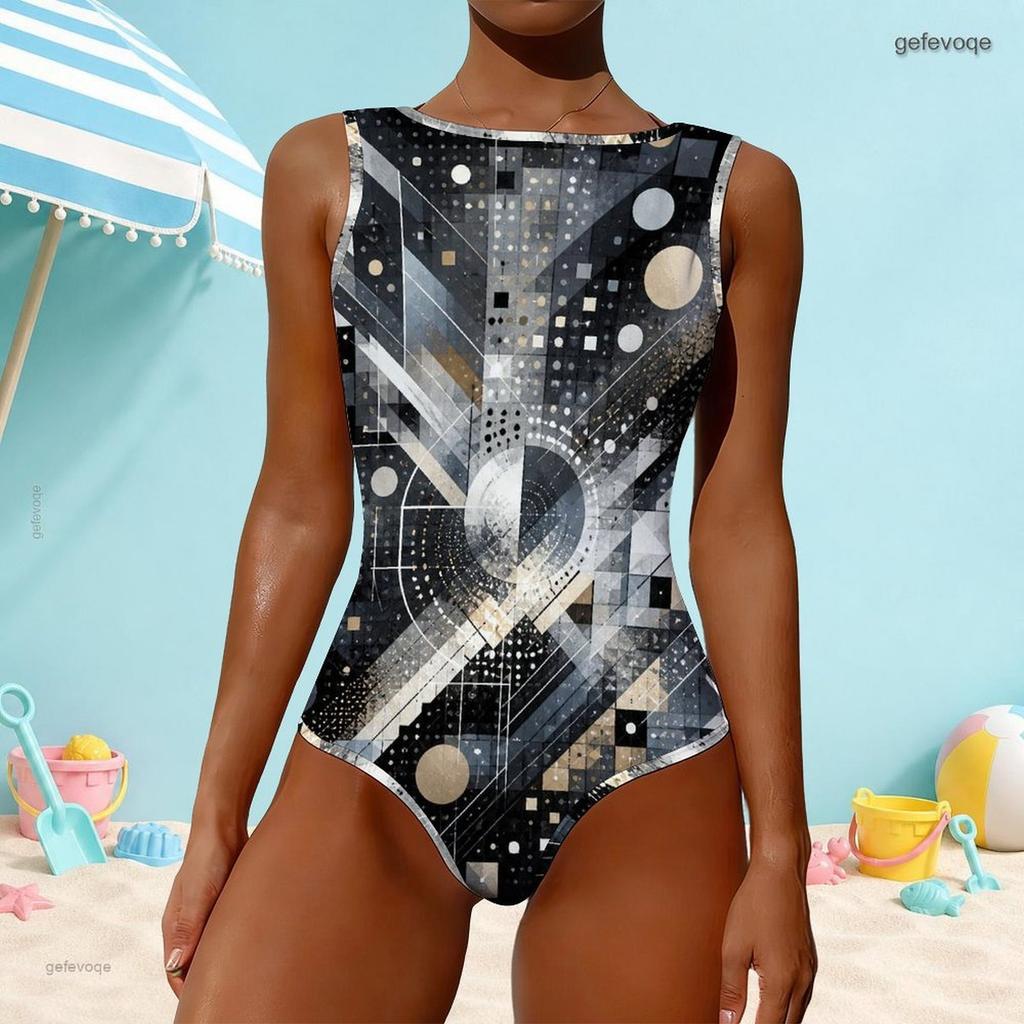 Women Plus Size High Round Neck Sleeveless One Piece Geometric Printed Swimsuit