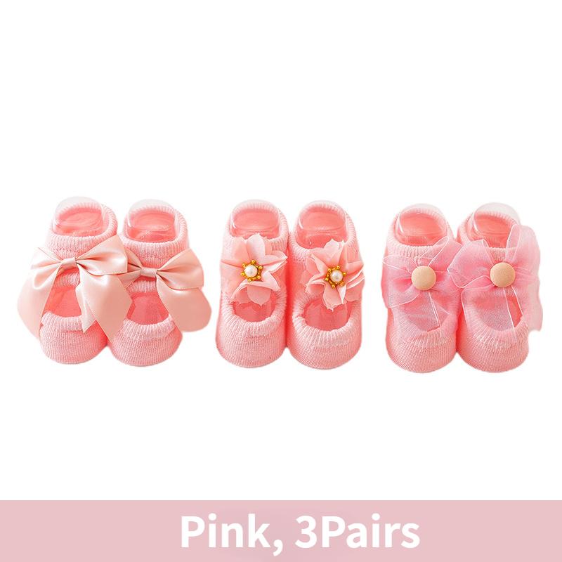 3Pairs Baby Girl Ankle Socks Lace Bow Infant Anti Slip Socks Children Home Floor Shoes Newborn Princess Pearl Low Cut Socks