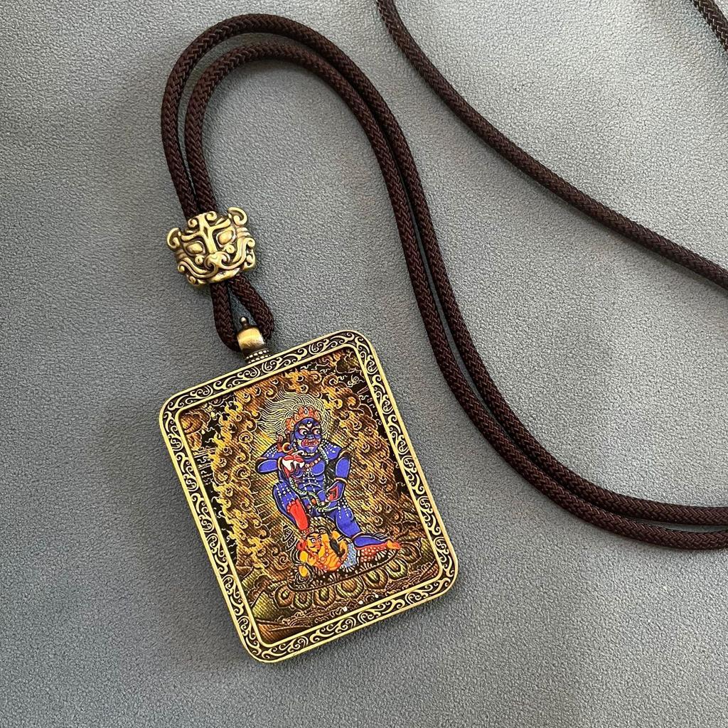 Thangka Pendant Necklace - Yellow & Black Guardian Buddha Amulet