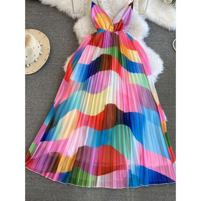 Color Print Open Back Retro Big Swing Mop Suspender Skirt