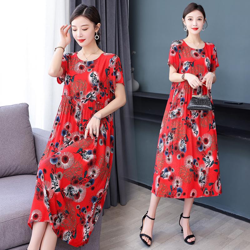 Plus Size Floral Cotton-Silk Dress for Women - Summer Fashion, Elegant Long Swing Dress
